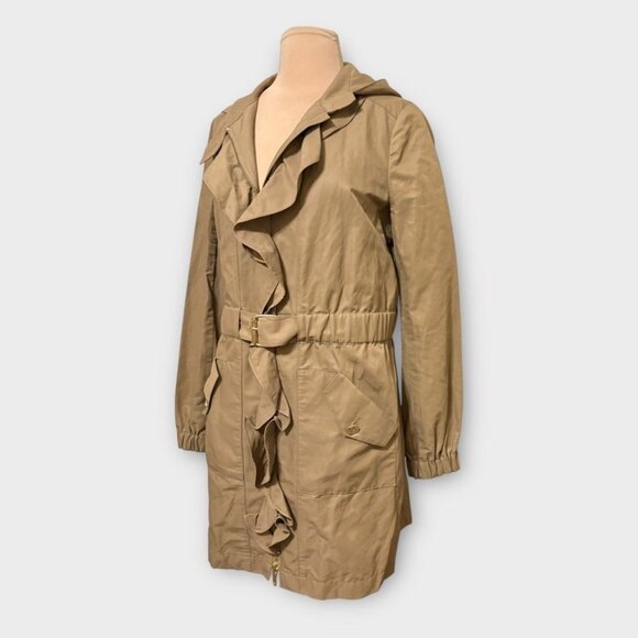 Tory Burch Warren Ruffle Coat 4 Tan Jacket Raincoat Trench Zip Hooded Classic - Picture 2 of 11